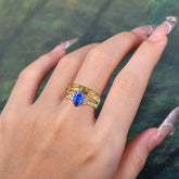 Nature-Inspired Vintage 4-Prong Pear Cut Sapphire Bridal Set